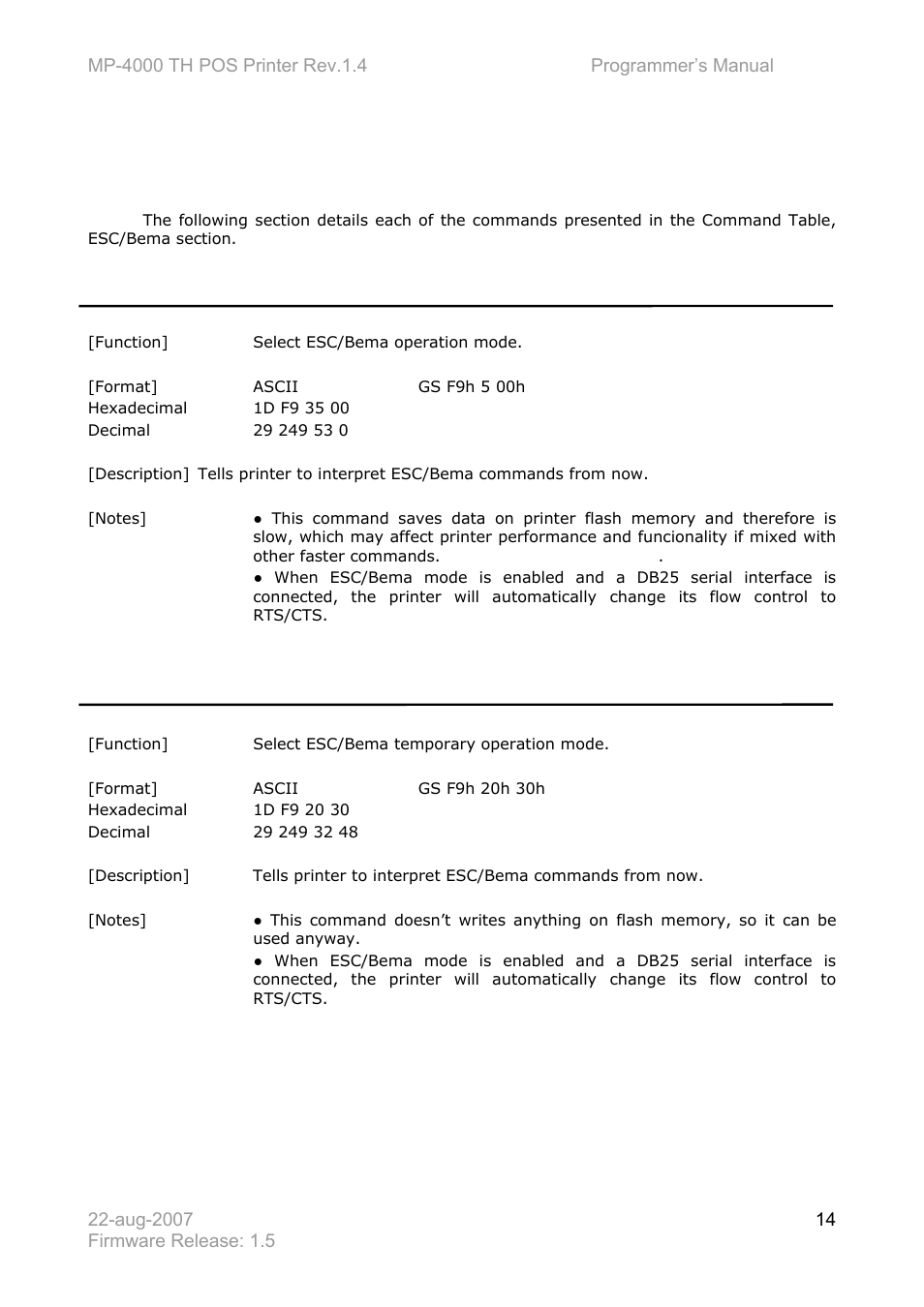 Esc/bema commands, Gs f9h 5 00h | Bematech MP-4000 TH Programmer's Manual User Manual | Page 14 / 84