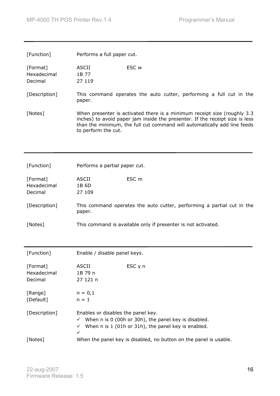 Esc w, Esc m, Esc y n | Bematech MP-4000 TH Programmer's Manual User Manual | Page 16 / 84