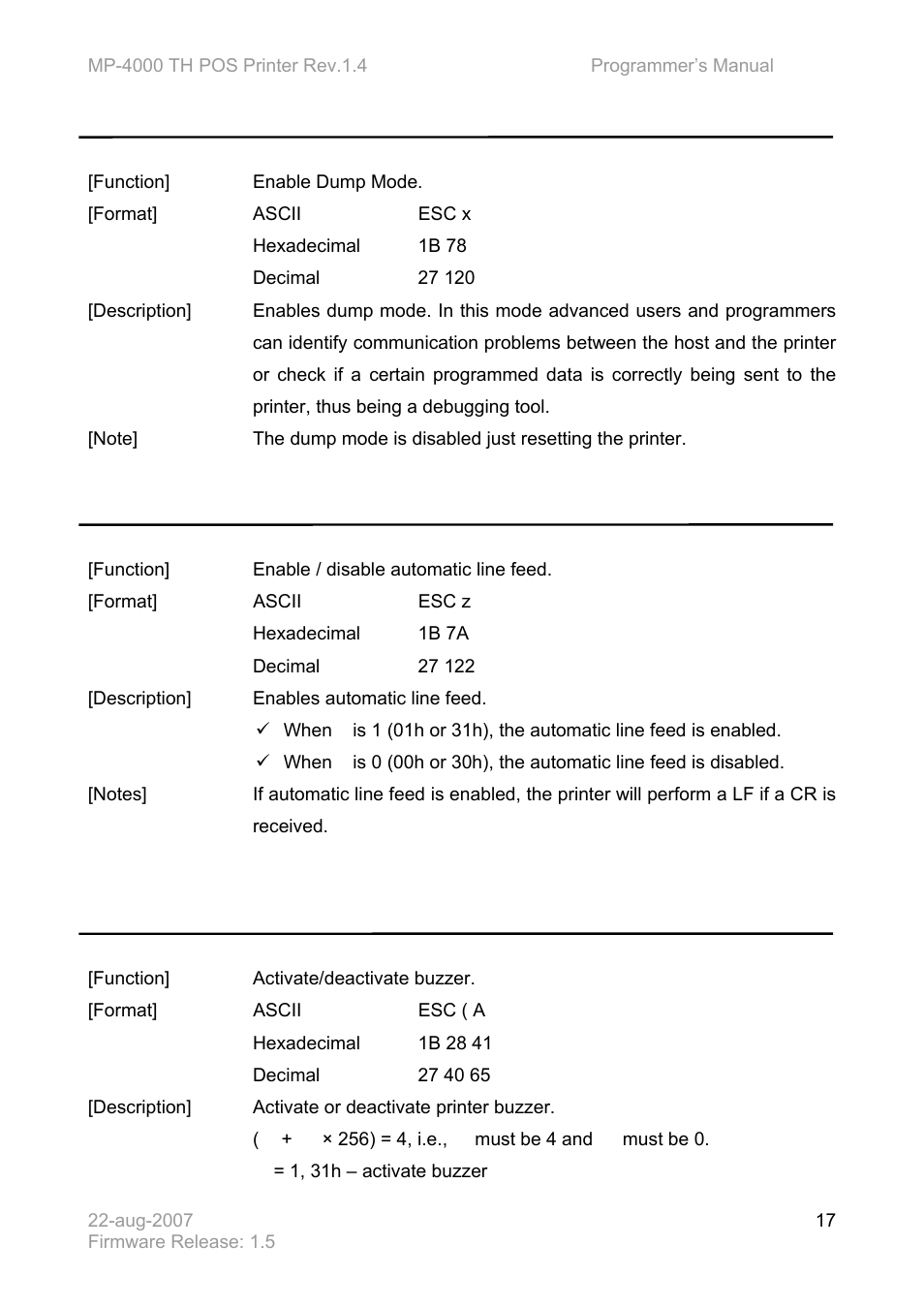 Esc x, Esc z n, Esc ( a p | Fn n | Bematech MP-4000 TH Programmer's Manual User Manual | Page 17 / 84