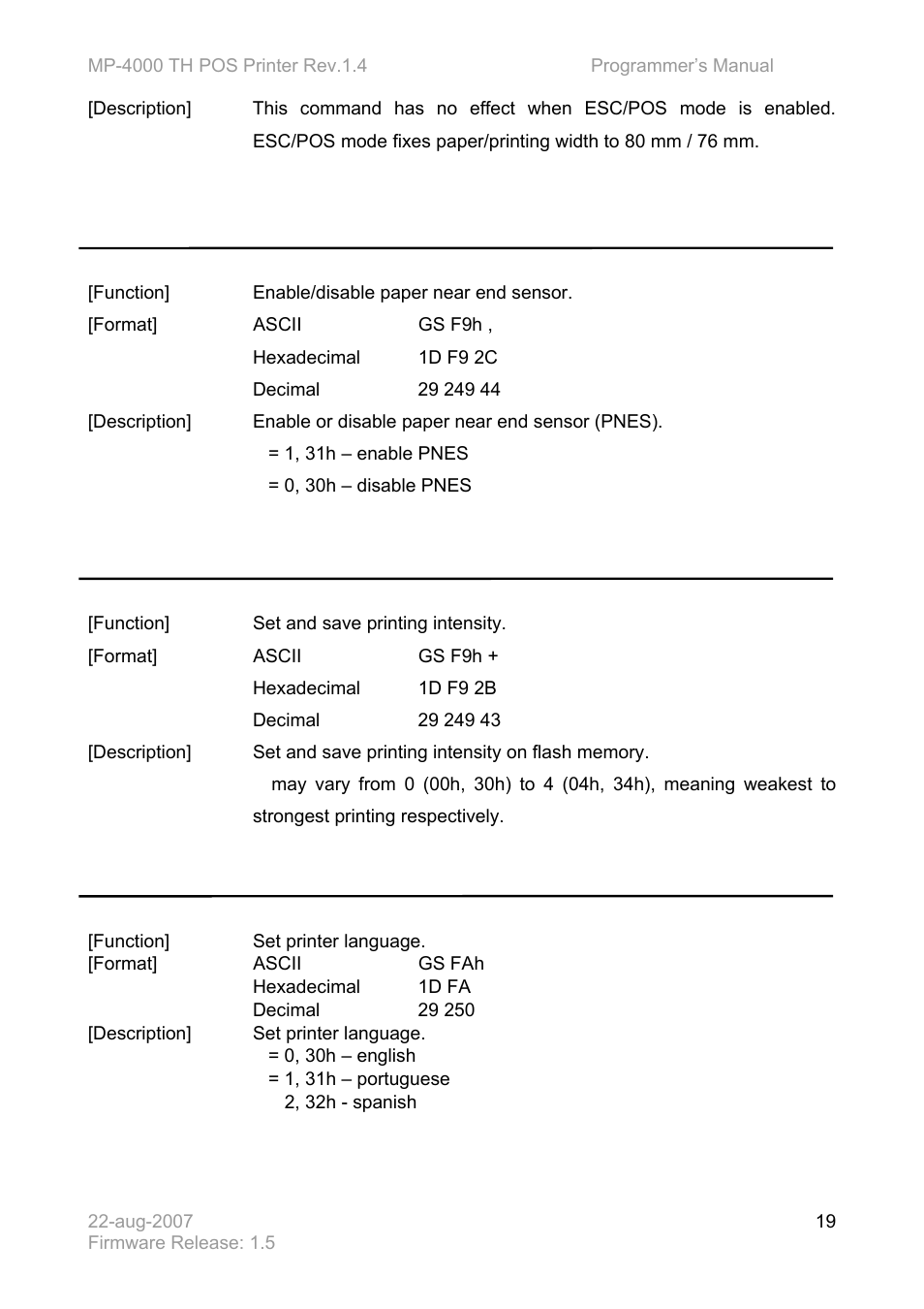Bematech MP-4000 TH Programmer's Manual User Manual | Page 19 / 84