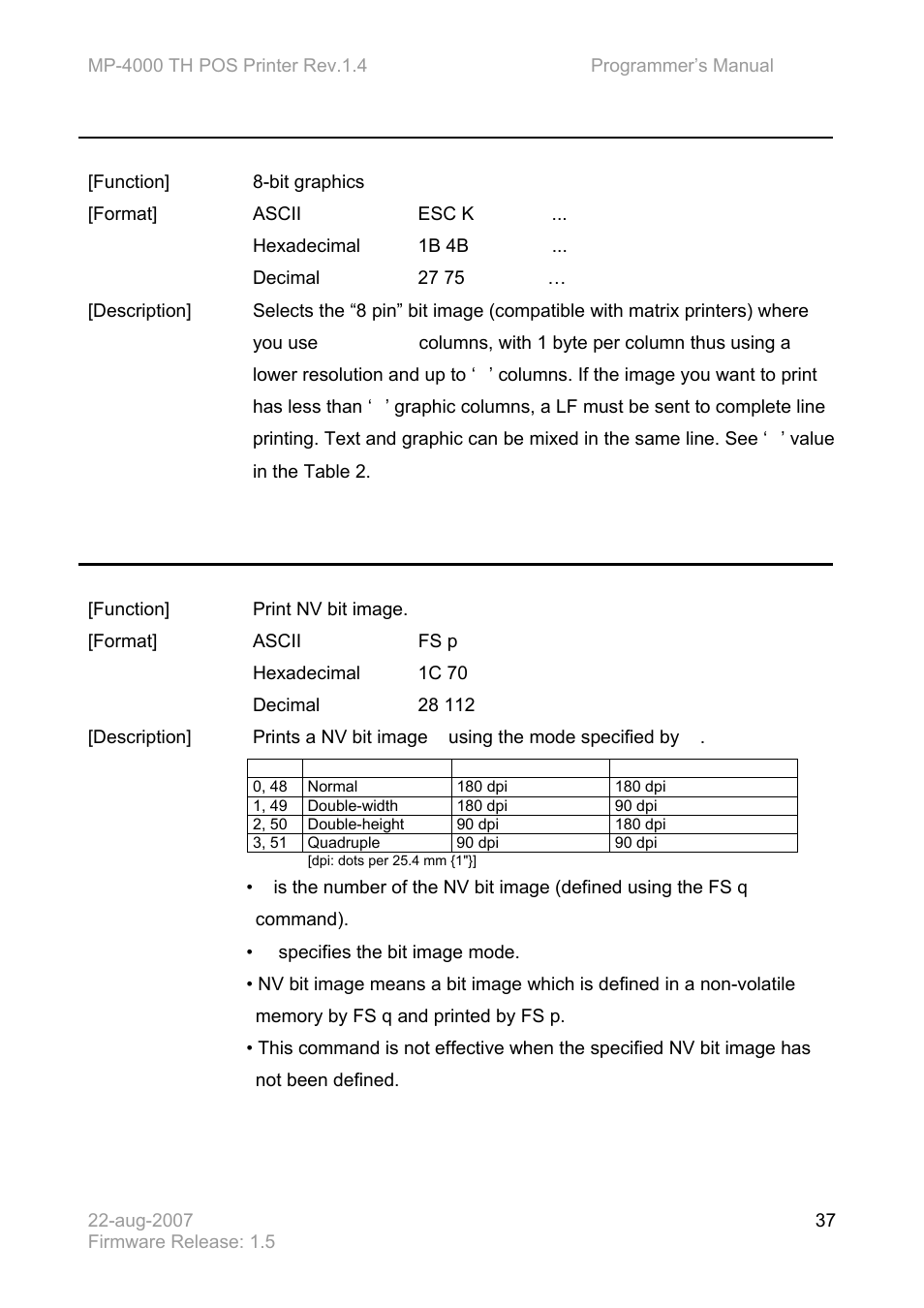 Esc k n1 n2 b1 ... bn, Fs p n m | Bematech MP-4000 TH Programmer's Manual User Manual | Page 37 / 84