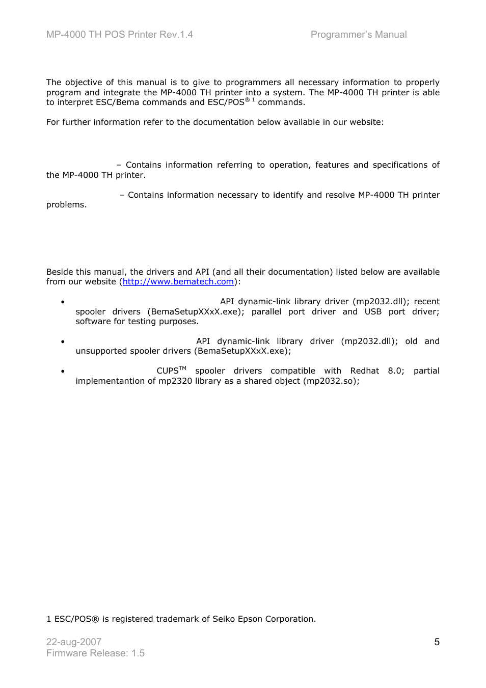 Introduction, Developers advice | Bematech MP-4000 TH Programmer's Manual User Manual | Page 5 / 84