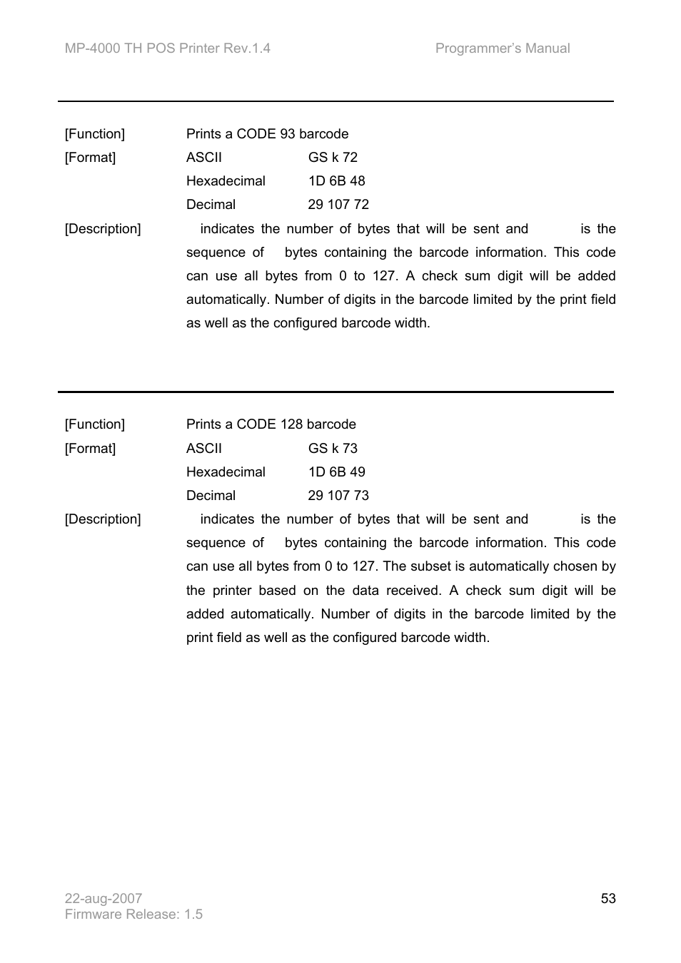 Gs k 72 d, Gs k 73 n d | Bematech MP-4000 TH Programmer's Manual User Manual | Page 53 / 84