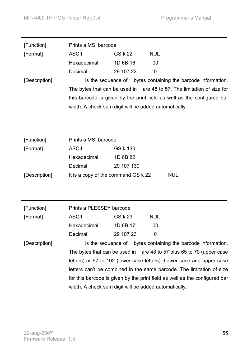 Gs k 22 d, Gs k 130 n d, Gs k 23 d | Bematech MP-4000 TH Programmer's Manual User Manual | Page 55 / 84