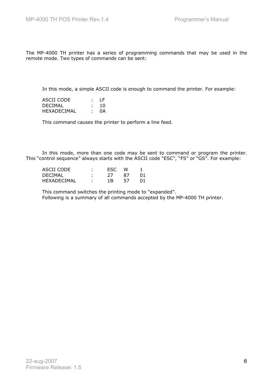 1 commands | Bematech MP-4000 TH Programmer's Manual User Manual | Page 6 / 84