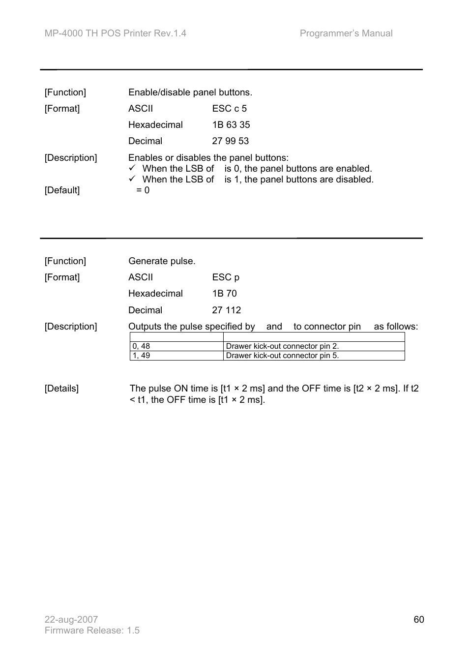 Esc c 5 n, Esc p m t | Bematech MP-4000 TH Programmer's Manual User Manual | Page 60 / 84