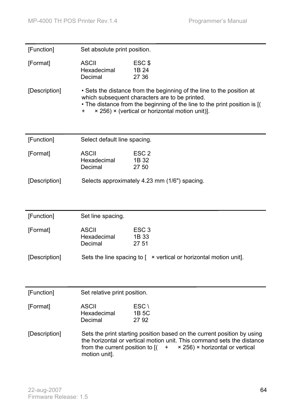 Esc $ n, Esc 2, Esc 3 n | Esc \ n | Bematech MP-4000 TH Programmer's Manual User Manual | Page 64 / 84