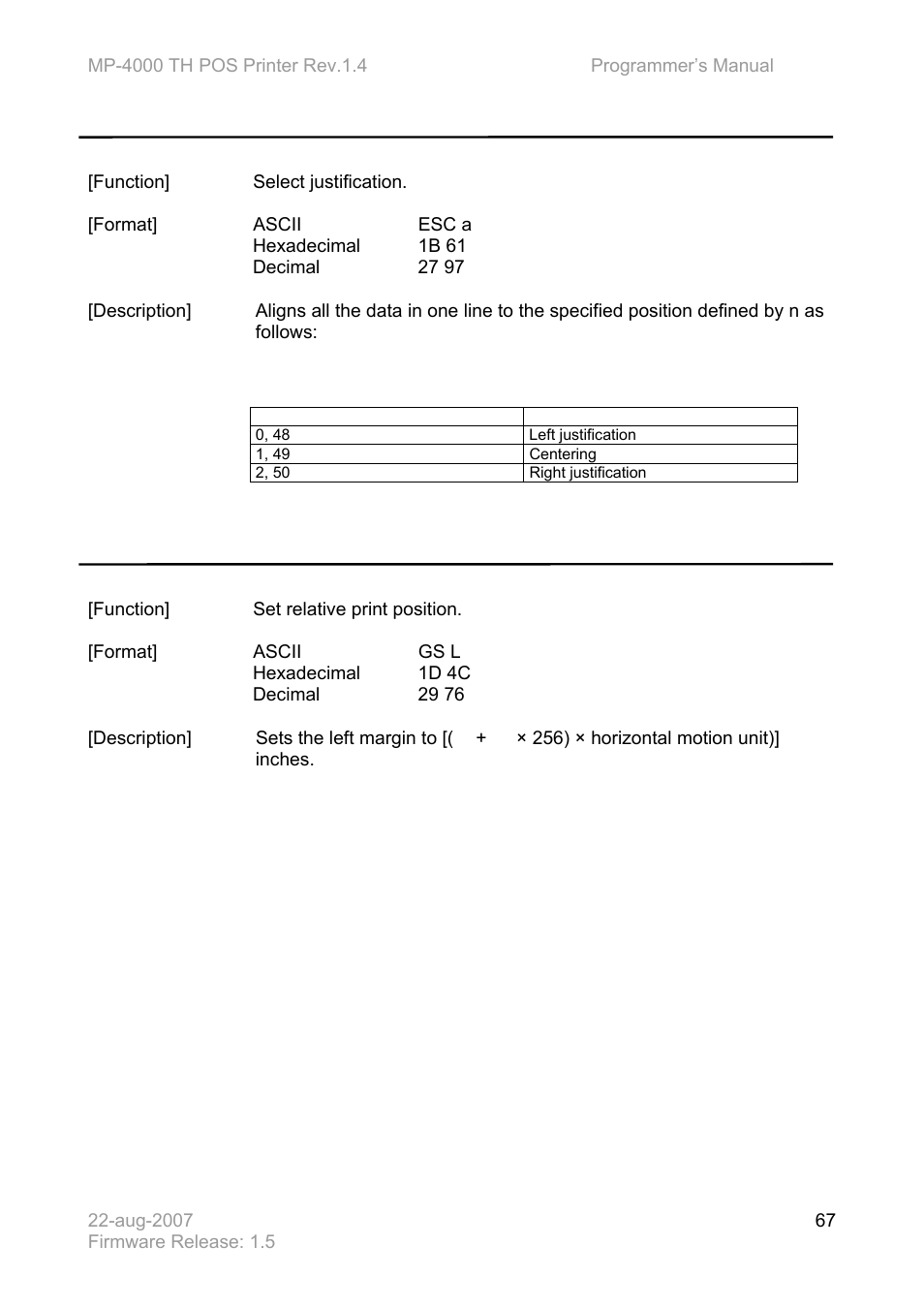 Esc a n, Gs l n | Bematech MP-4000 TH Programmer's Manual User Manual | Page 67 / 84