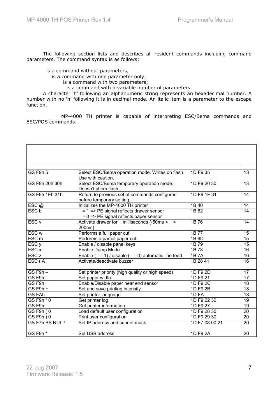 2 using the command summary, 1 esc/bema command table | Bematech MP-4000 TH Programmer's Manual User Manual | Page 7 / 84