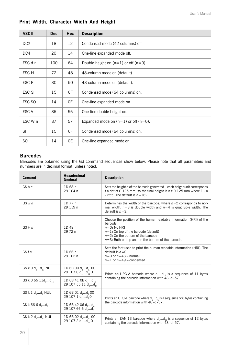Print width, character width and height, Barcodes | Bematech MP-2100 TH User Manual | Page 20 / 36