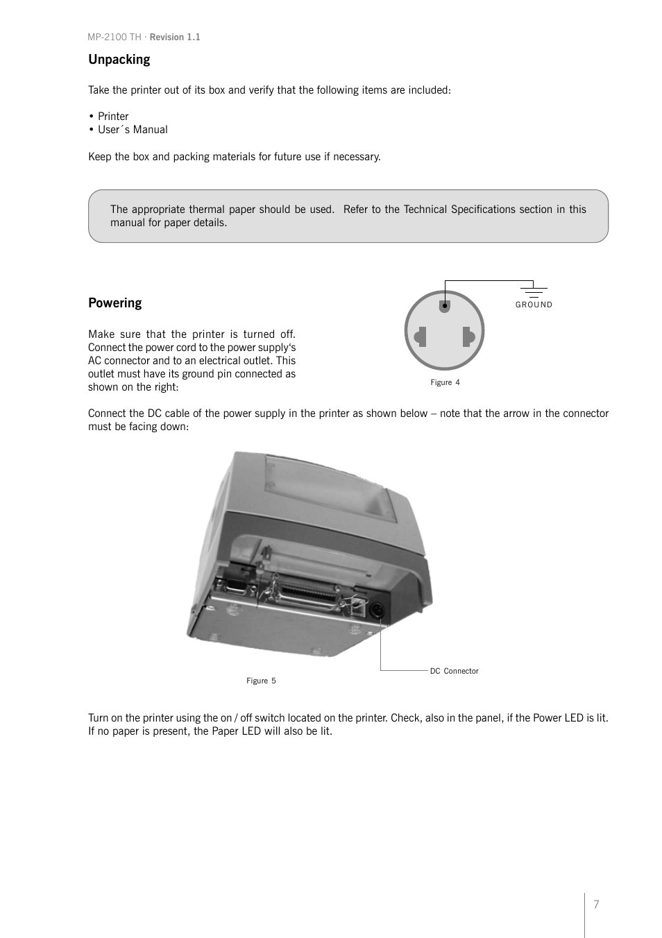 Unpacking, Powering | Bematech MP-2100 TH User Manual | Page 7 / 36