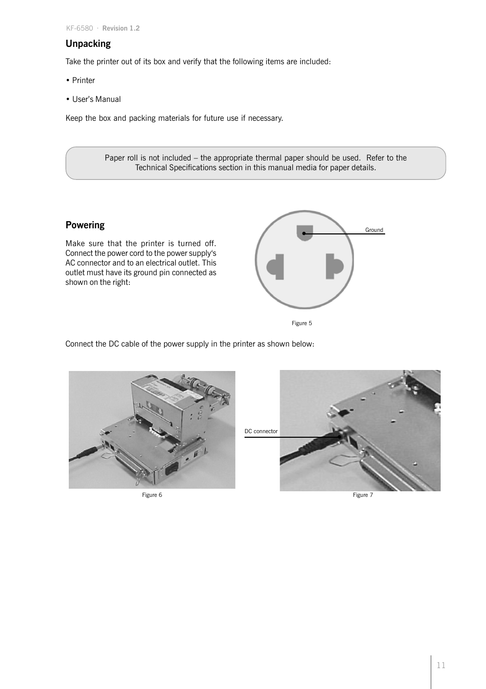 Unpacking, Powering | Bematech KF-6580 User Manual | Page 11 / 24