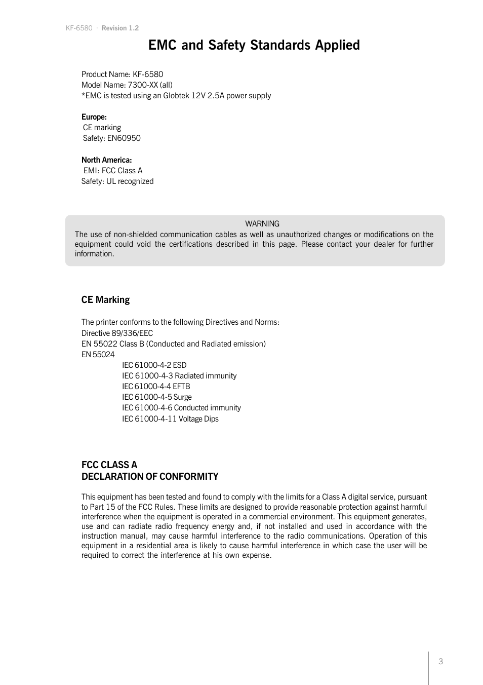 Emc and safety standards applied | Bematech KF-6580 User Manual | Page 3 / 24