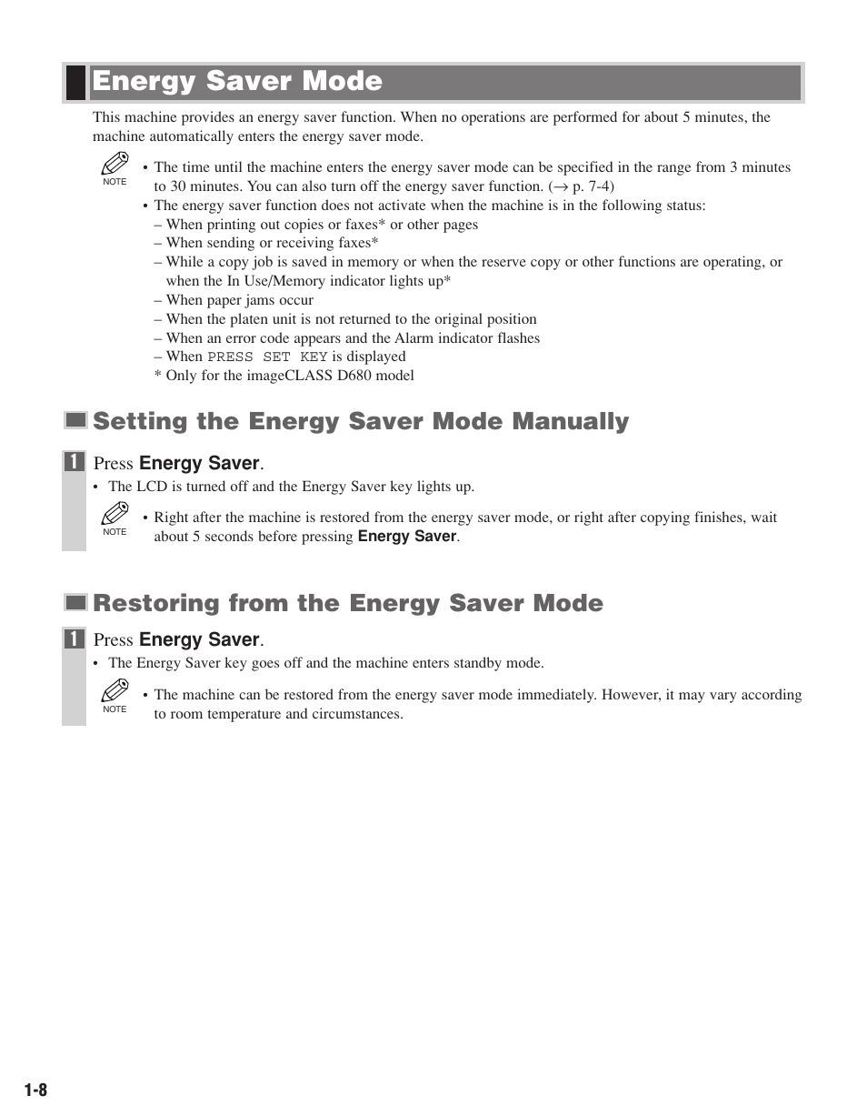Energy saver mode | Canon D680 User Manual | Page 15 / 82
