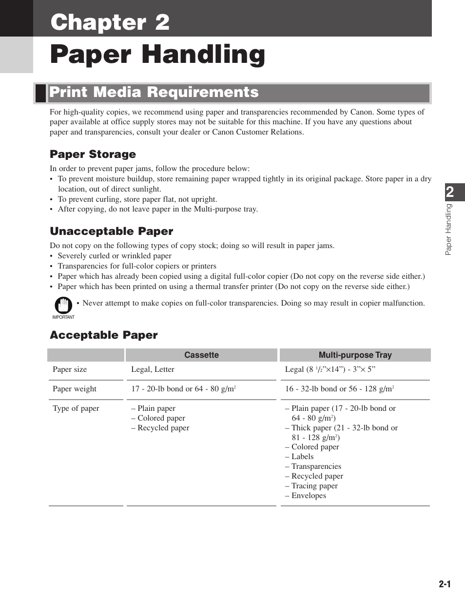 Paper handling, Chapter 2, Print media requirements | Paper storage, Unacceptable paper, Acceptable paper | Canon D680 User Manual | Page 16 / 82