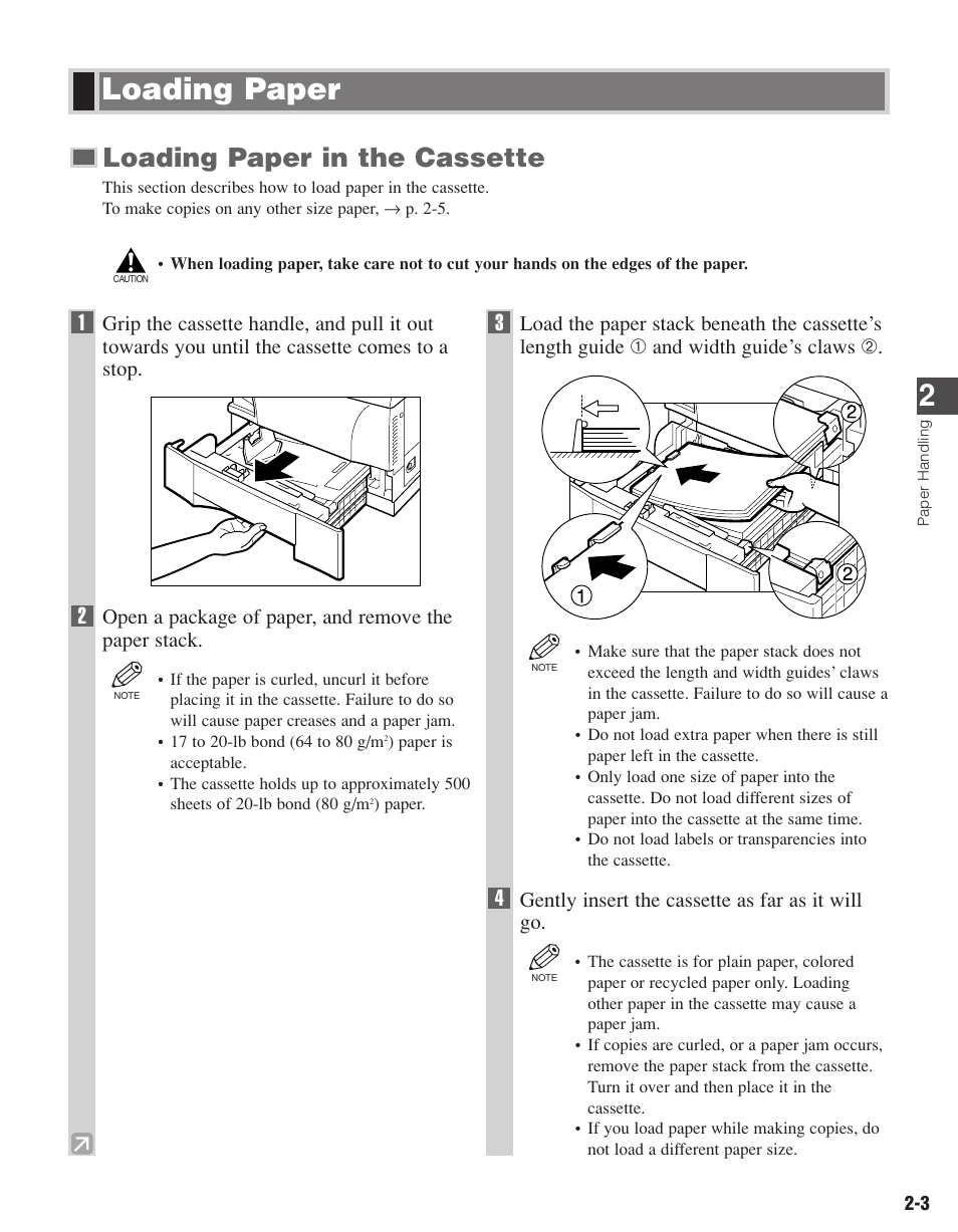 Loading paper, Loading paper in the cassette | Canon D680 User Manual | Page 18 / 82