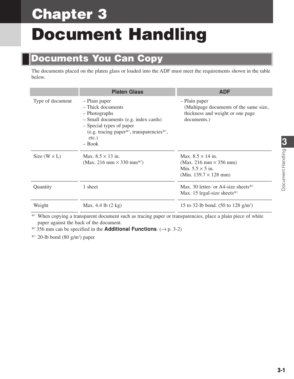 Document handling, Chapter 3, Documents you can copy | Canon D680 User Manual | Page 24 / 82