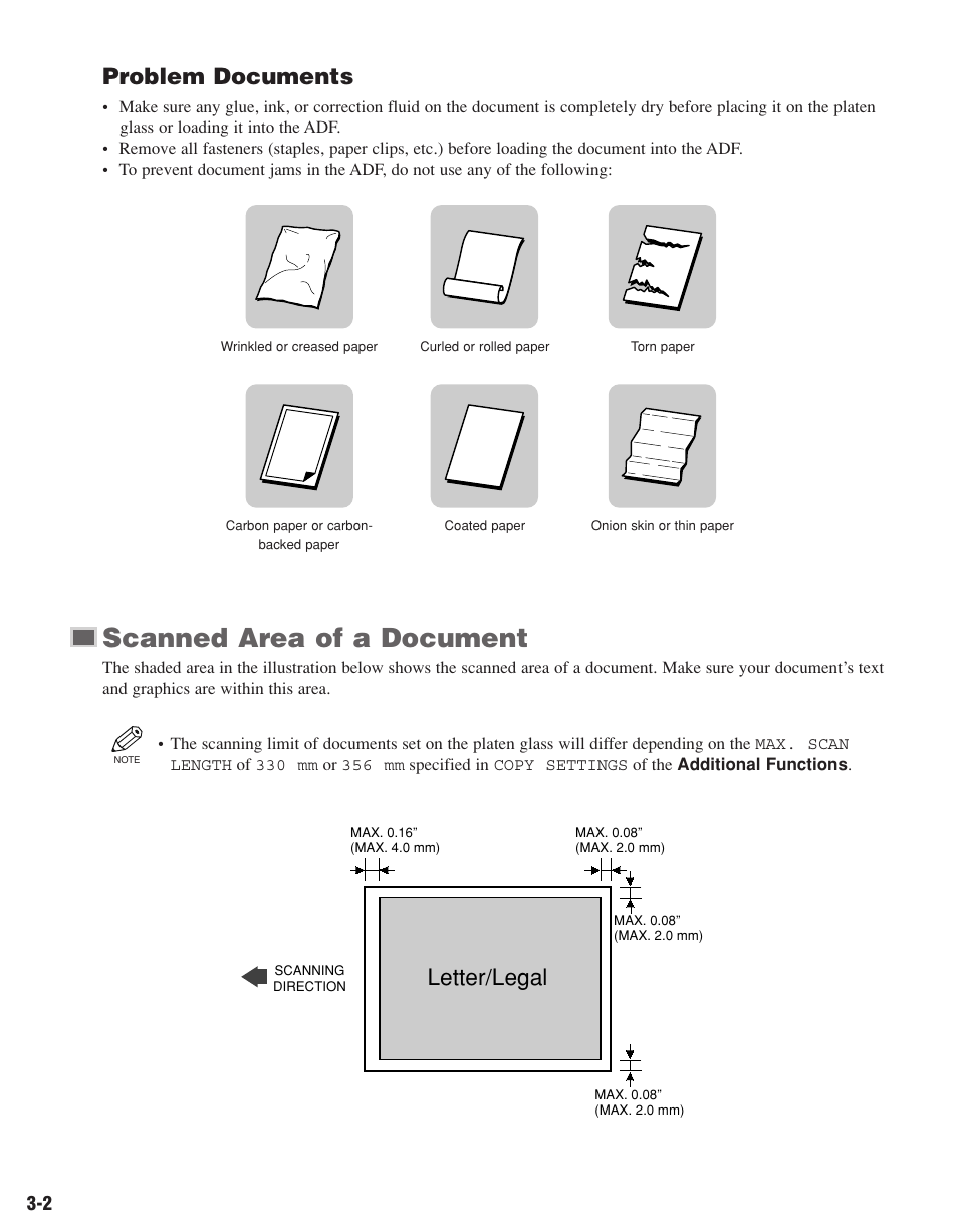 Scanned area of a document, Problem documents, Letter/legal | Canon D680 User Manual | Page 25 / 82