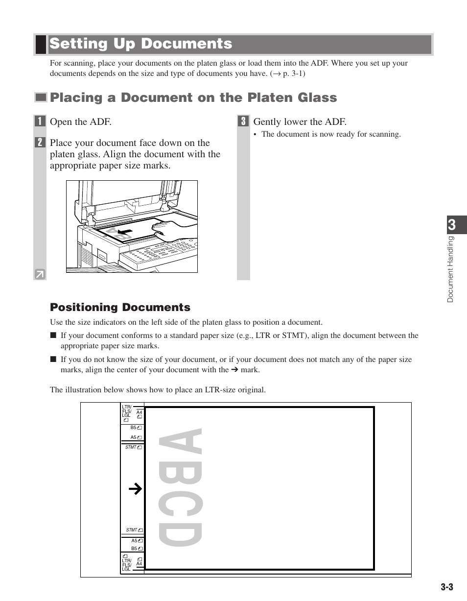 Abcd, Setting up documents, Placing a document on the platen glass | Canon D680 User Manual | Page 26 / 82