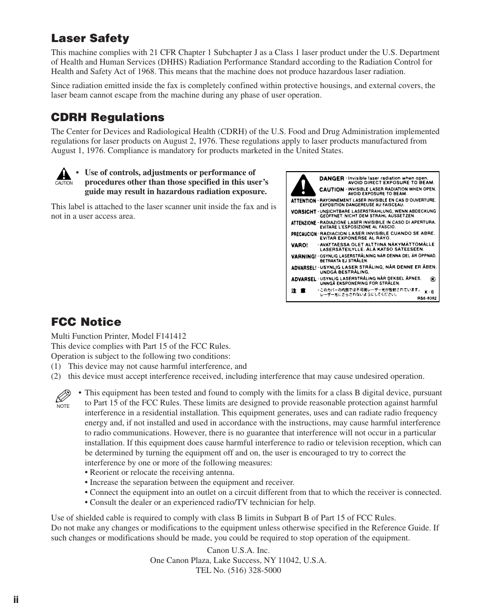Laser safety, Cdrh regulations, Fcc notice | Canon D680 User Manual | Page 3 / 82