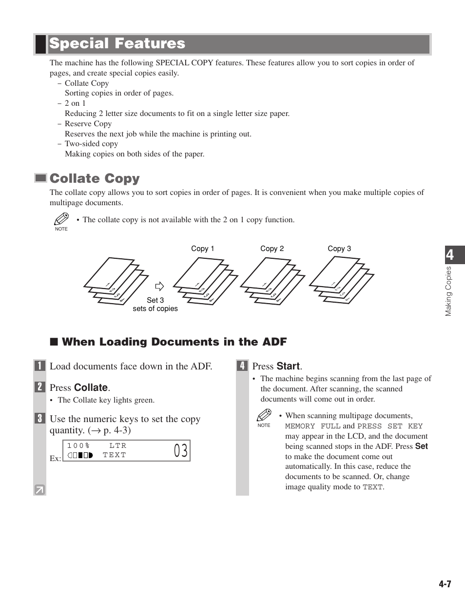 Special features, Collate copy, When loading documents in the adf | Canon D680 User Manual | Page 36 / 82