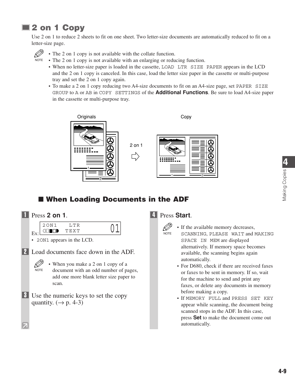2 on 1 copy, When loading documents in the adf | Canon D680 User Manual | Page 38 / 82