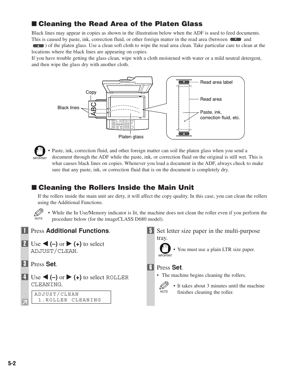 Cleaning the read area of the platen glass, Cleaning the rollers inside the main unit | Canon D680 User Manual | Page 45 / 82