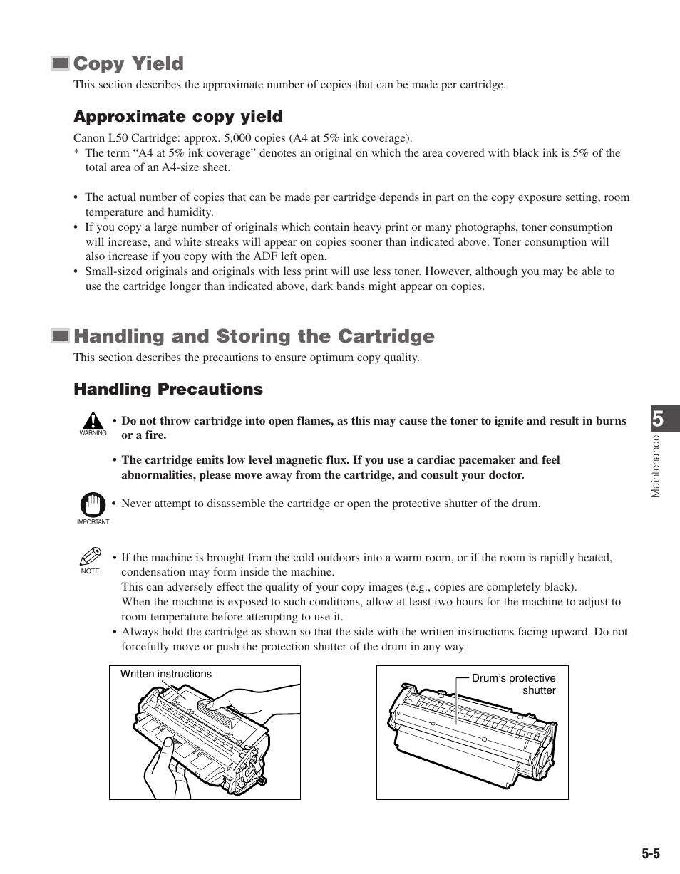 Copy yield, Handling and storing the cartridge, Approximate copy yield | Handling precautions | Canon D680 User Manual | Page 48 / 82