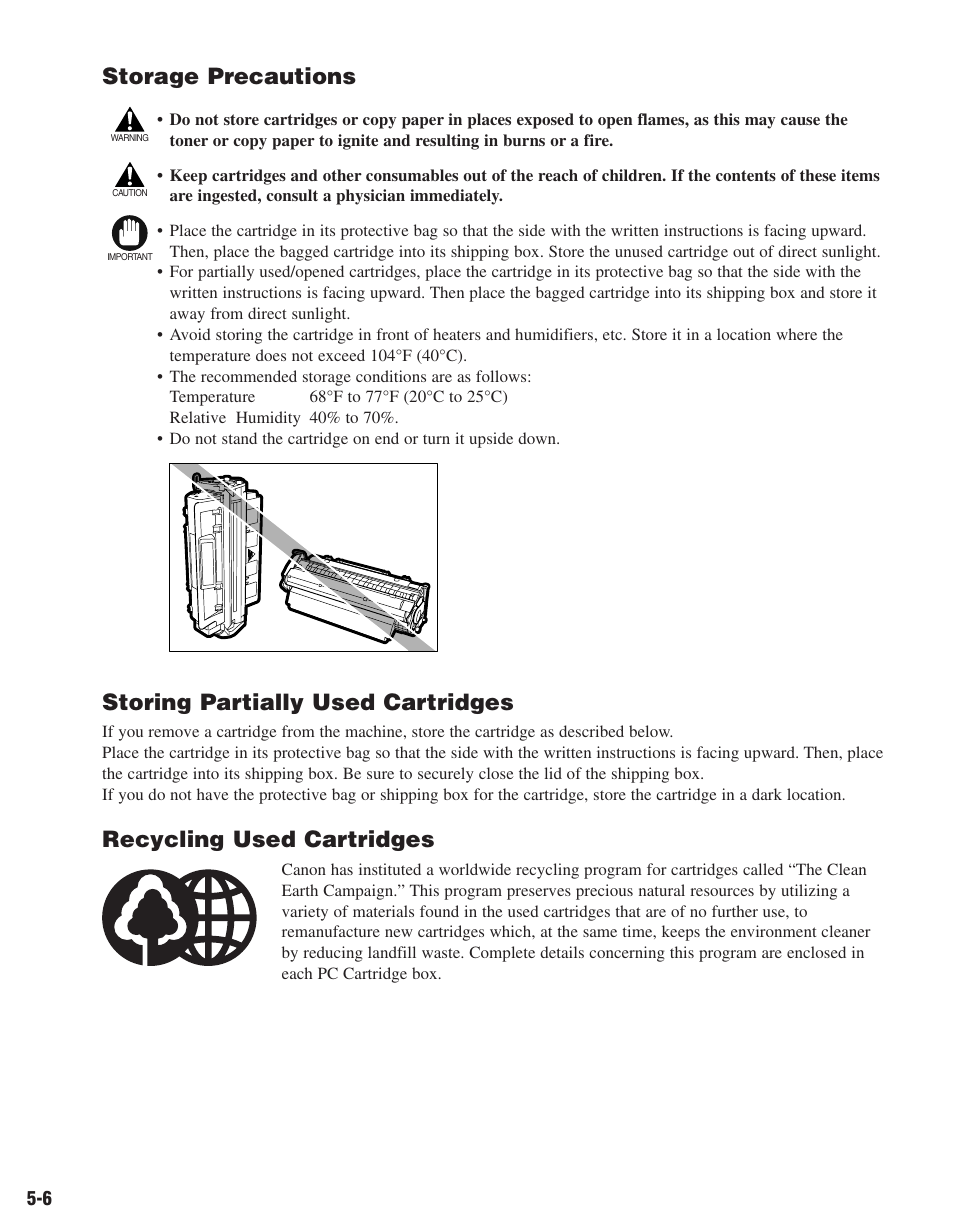Storage precautions, Storing partially used cartridges, Recycling used cartridges | Canon D680 User Manual | Page 49 / 82
