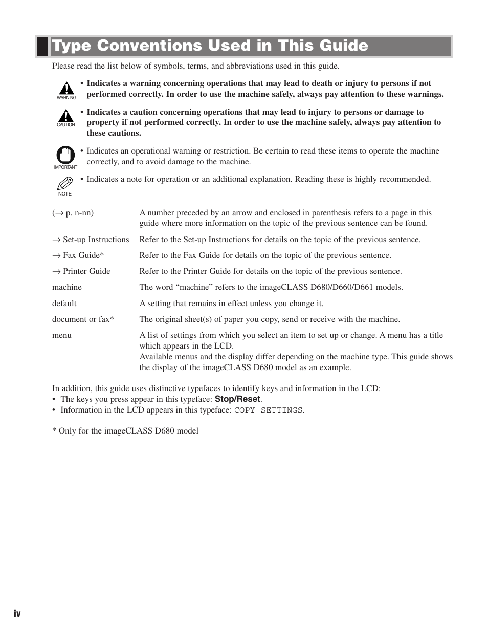 Type conventions used in this guide | Canon D680 User Manual | Page 5 / 82