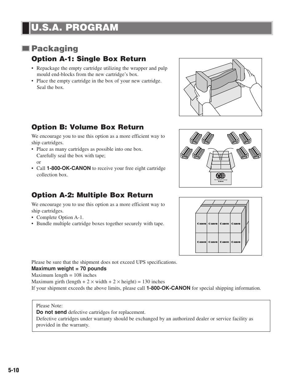 U.s.a. program, Packaging | Canon D680 User Manual | Page 53 / 82