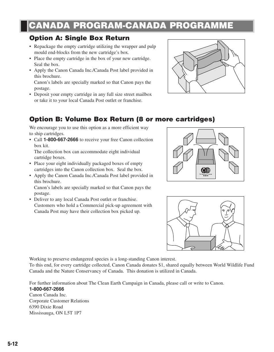 Canada program-canada programme, Option a: single box return, Option b: volume box return (8 or more cartridges) | Canon D680 User Manual | Page 55 / 82