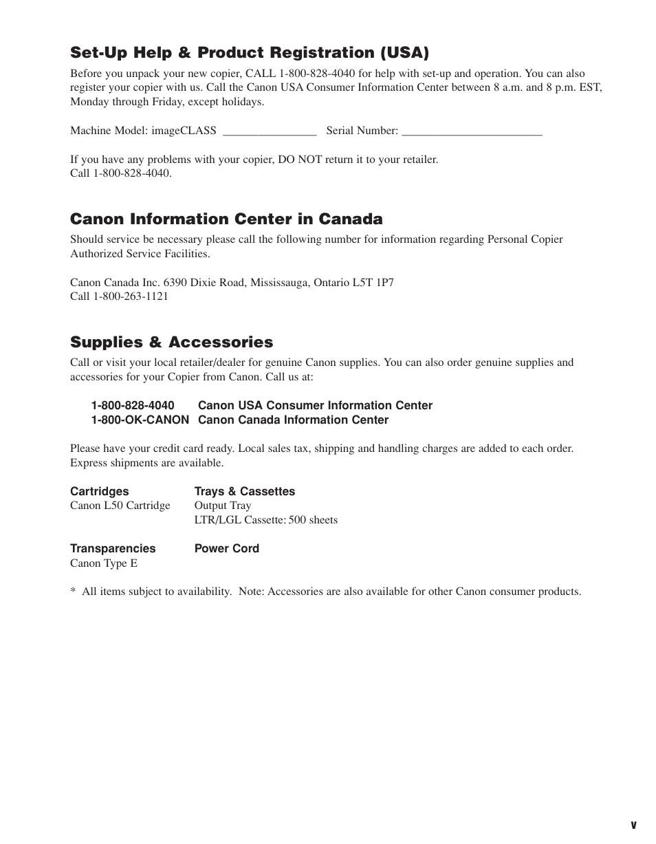 Set-up help & product registration (usa), Canon information center in canada, Supplies & accessories | Canon D680 User Manual | Page 6 / 82
