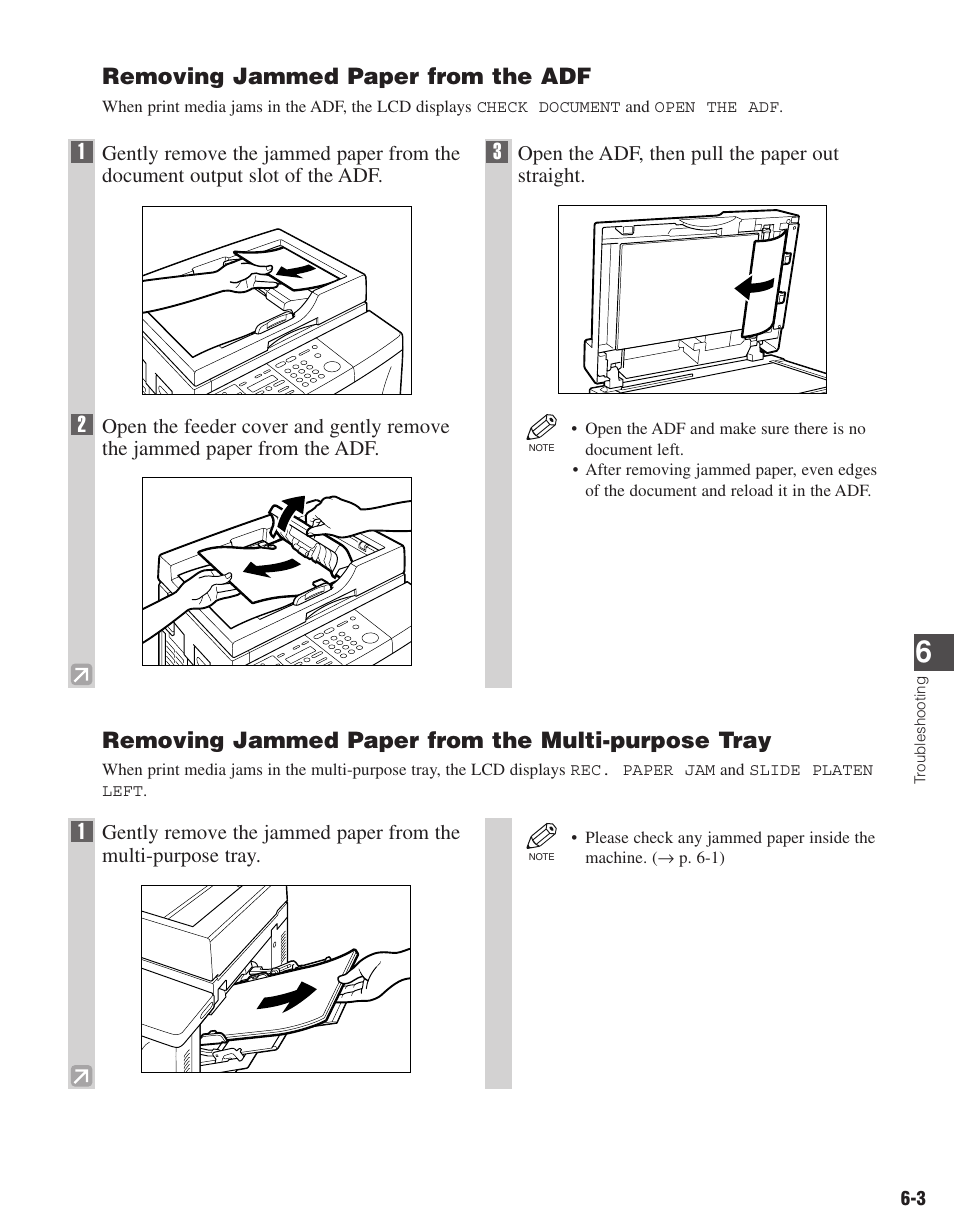 Removing jammed paper from the adf, Removing jammed paper from the multi-purpose tray | Canon D680 User Manual | Page 60 / 82