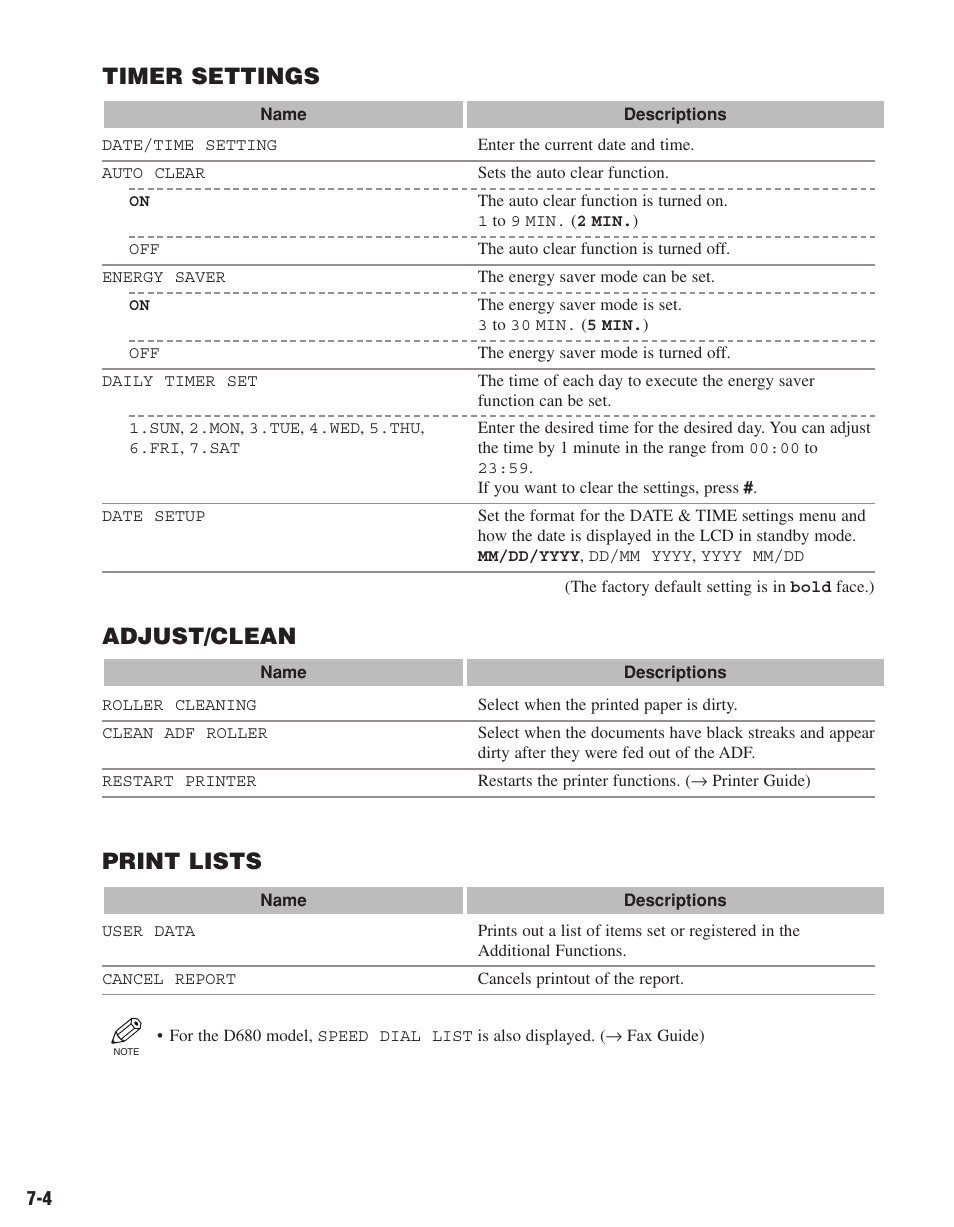 Timer settings, Adjust/clean, Print lists | Canon D680 User Manual | Page 73 / 82