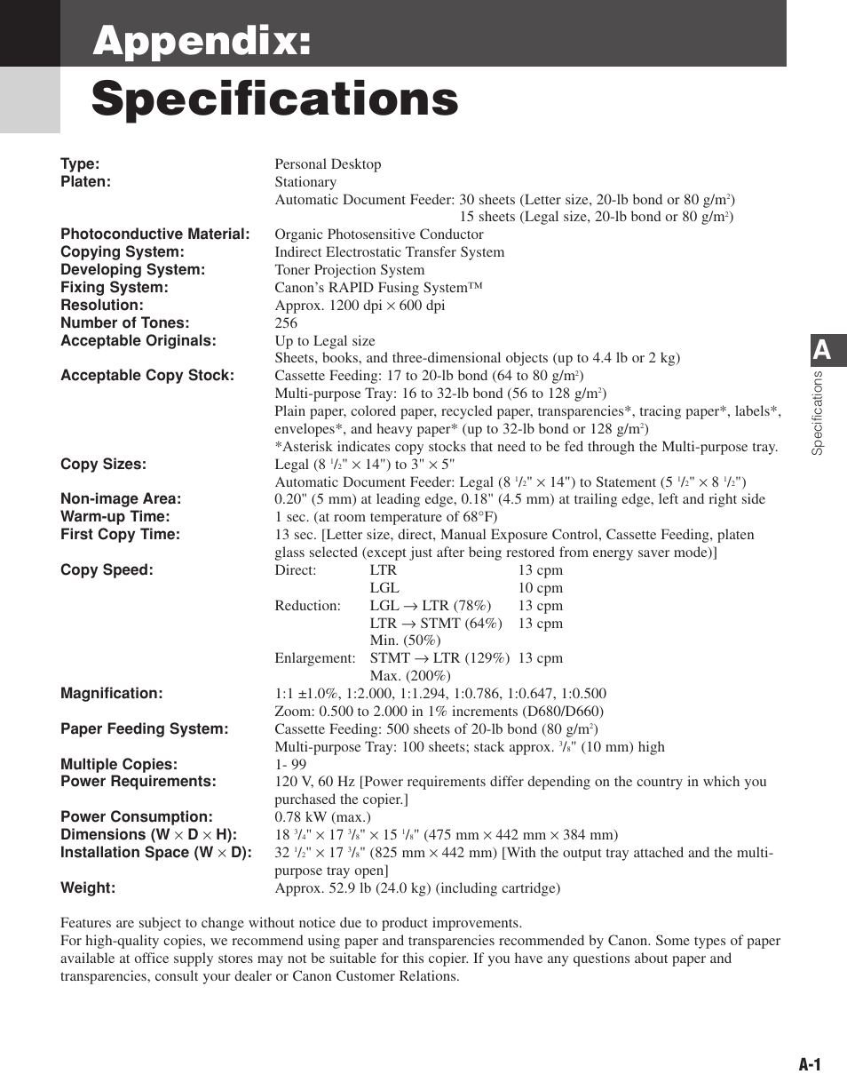 Specifications, Appendix | Canon D680 User Manual | Page 74 / 82