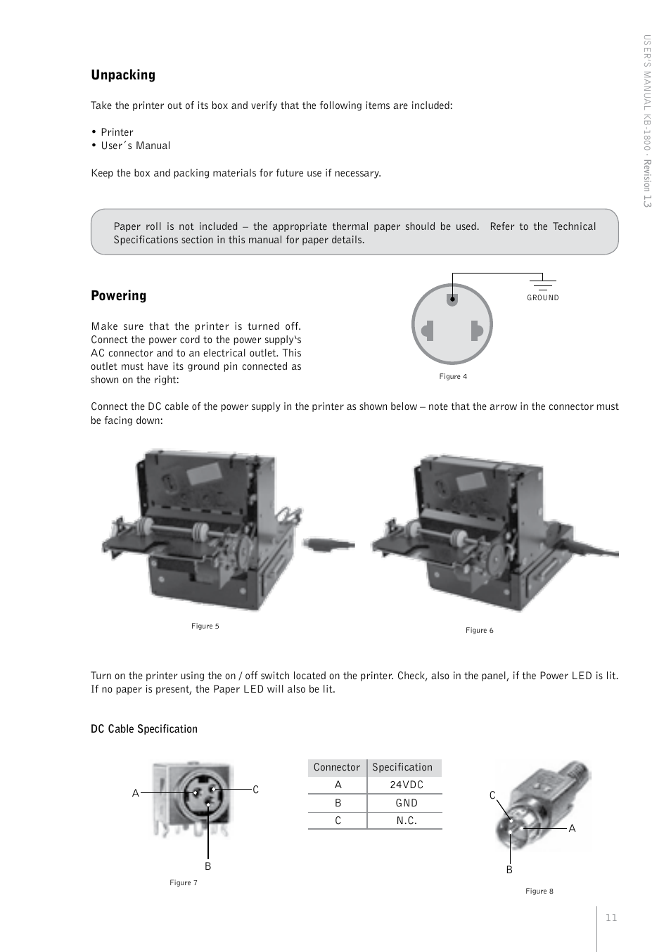 Unpacking, Powering | Bematech KB-1800 User Manual | Page 11 / 24