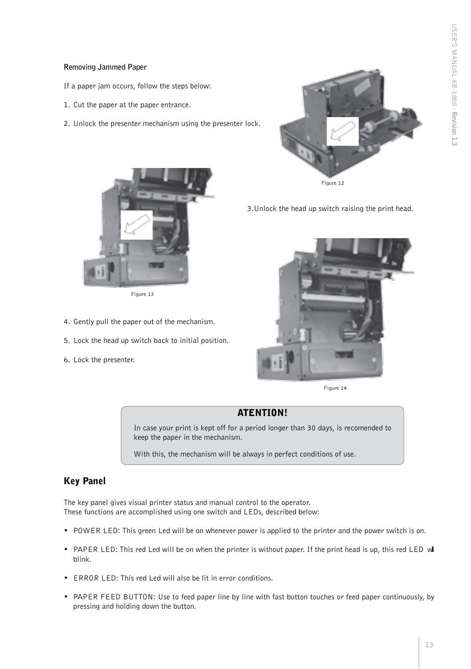Atention, Key panel | Bematech KB-1800 User Manual | Page 13 / 24