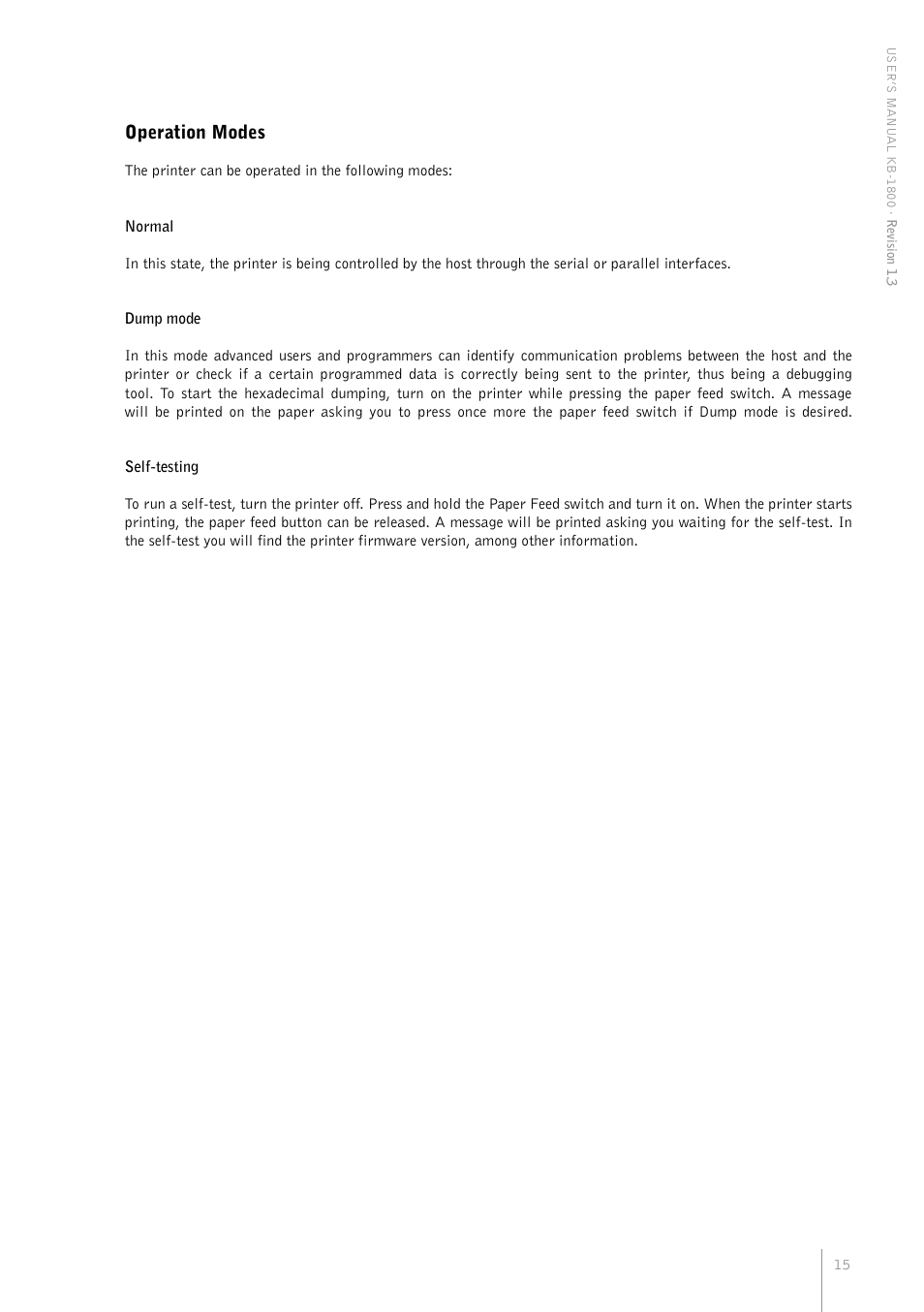 Operation modes | Bematech KB-1800 User Manual | Page 15 / 24