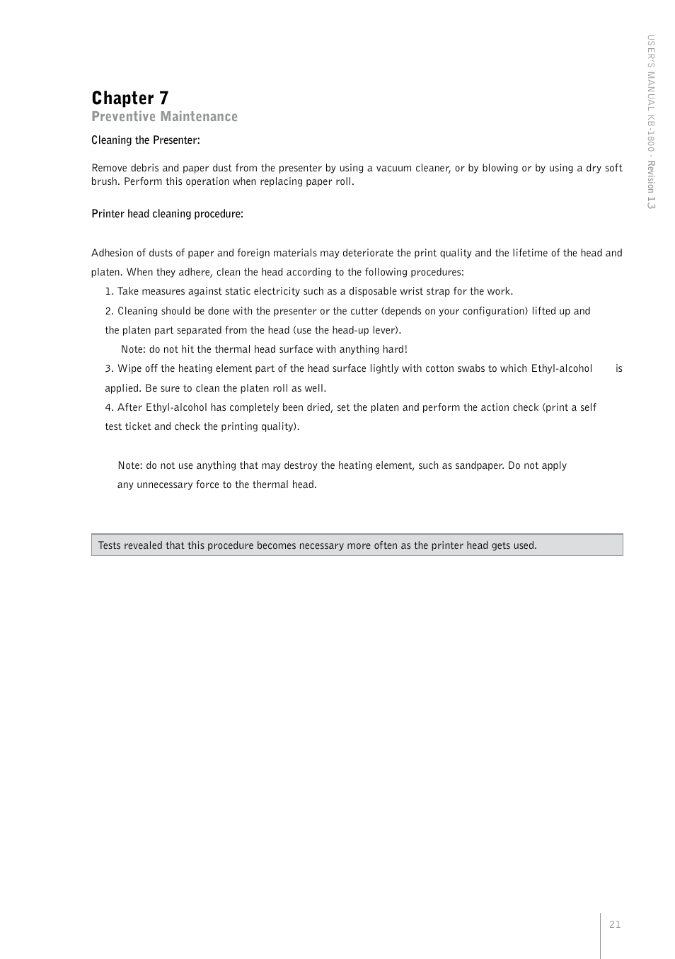 Chapter 7, Preventive maintenance | Bematech KB-1800 User Manual | Page 21 / 24