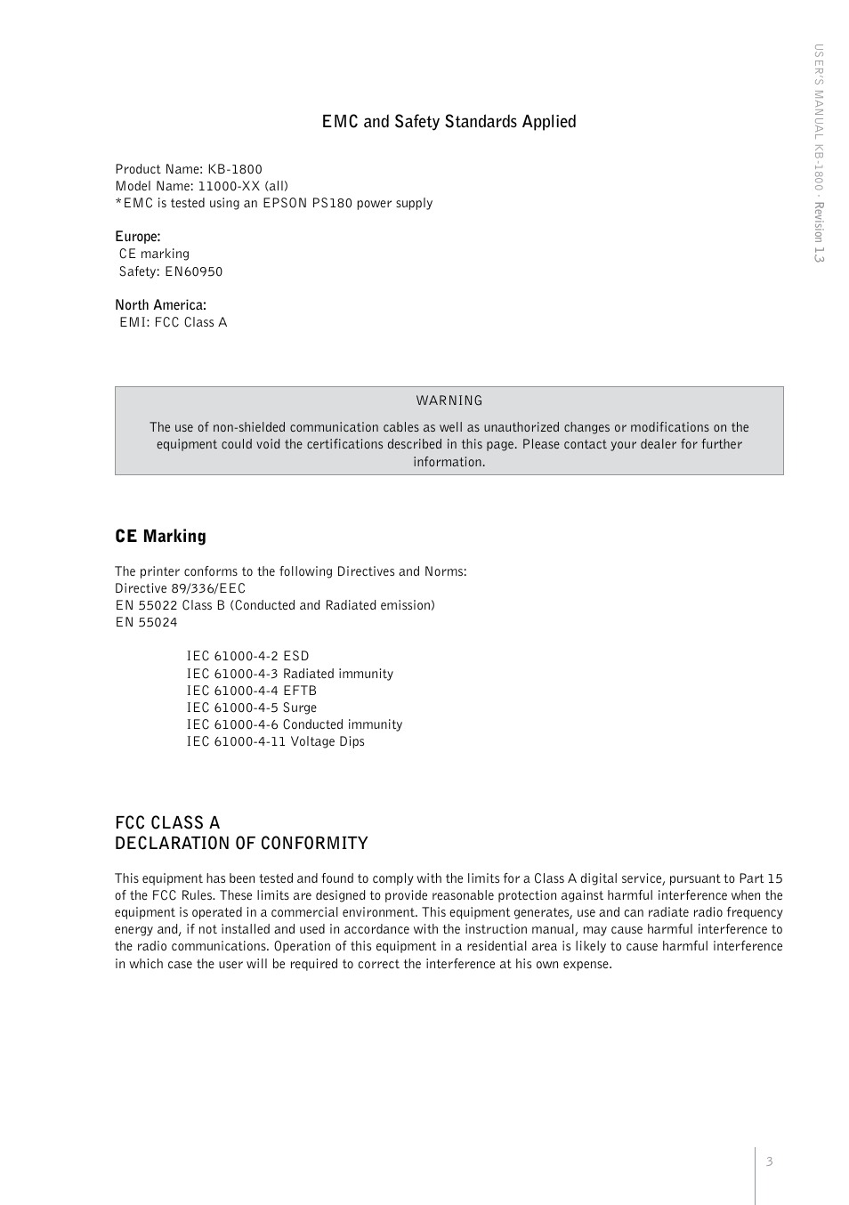 Emc and safety standards applied, Ce marking, Fcc class a declaration of conformity | Bematech KB-1800 User Manual | Page 3 / 24