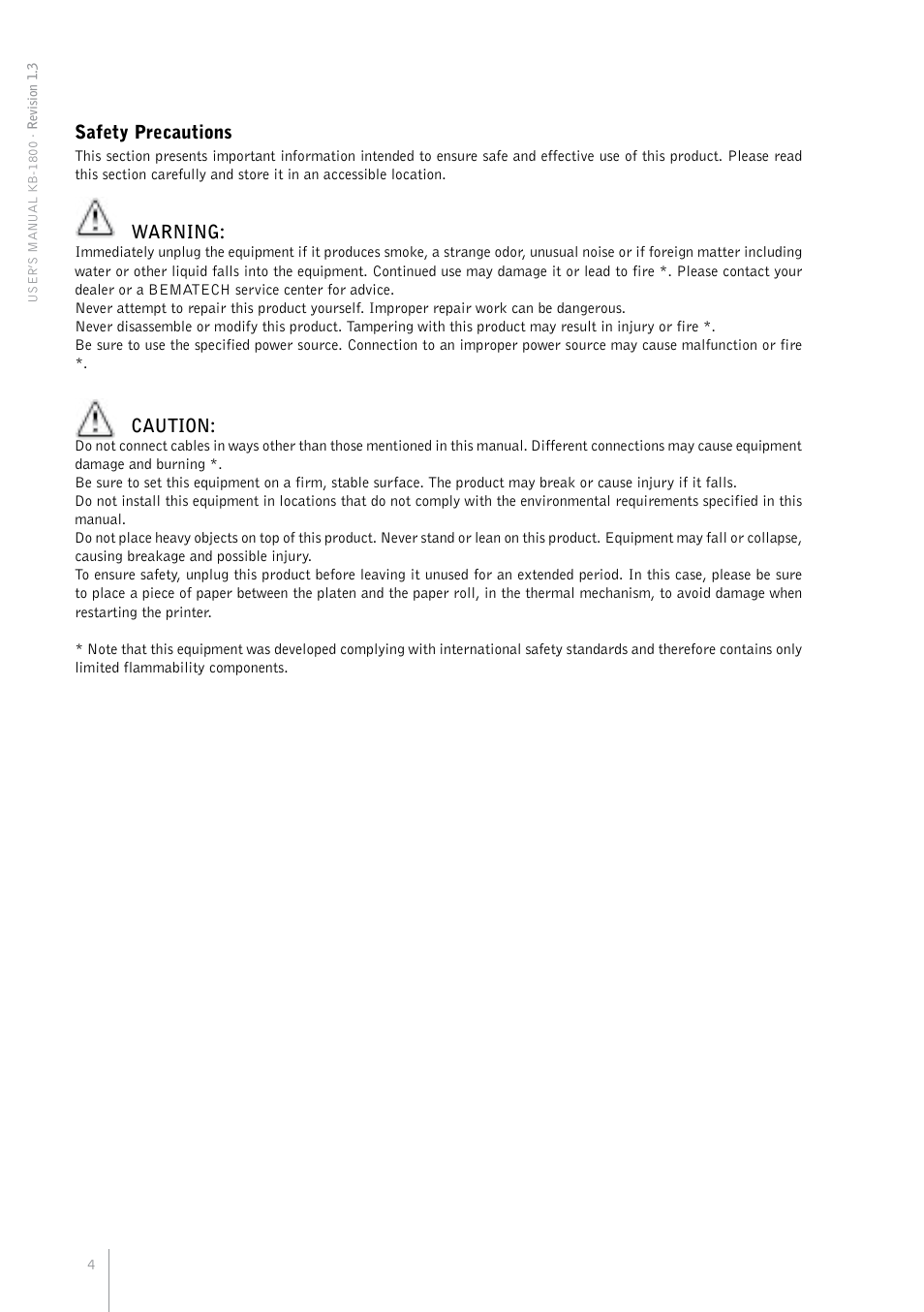 Safety precautions, Warning, Caution | Bematech KB-1800 User Manual | Page 4 / 24