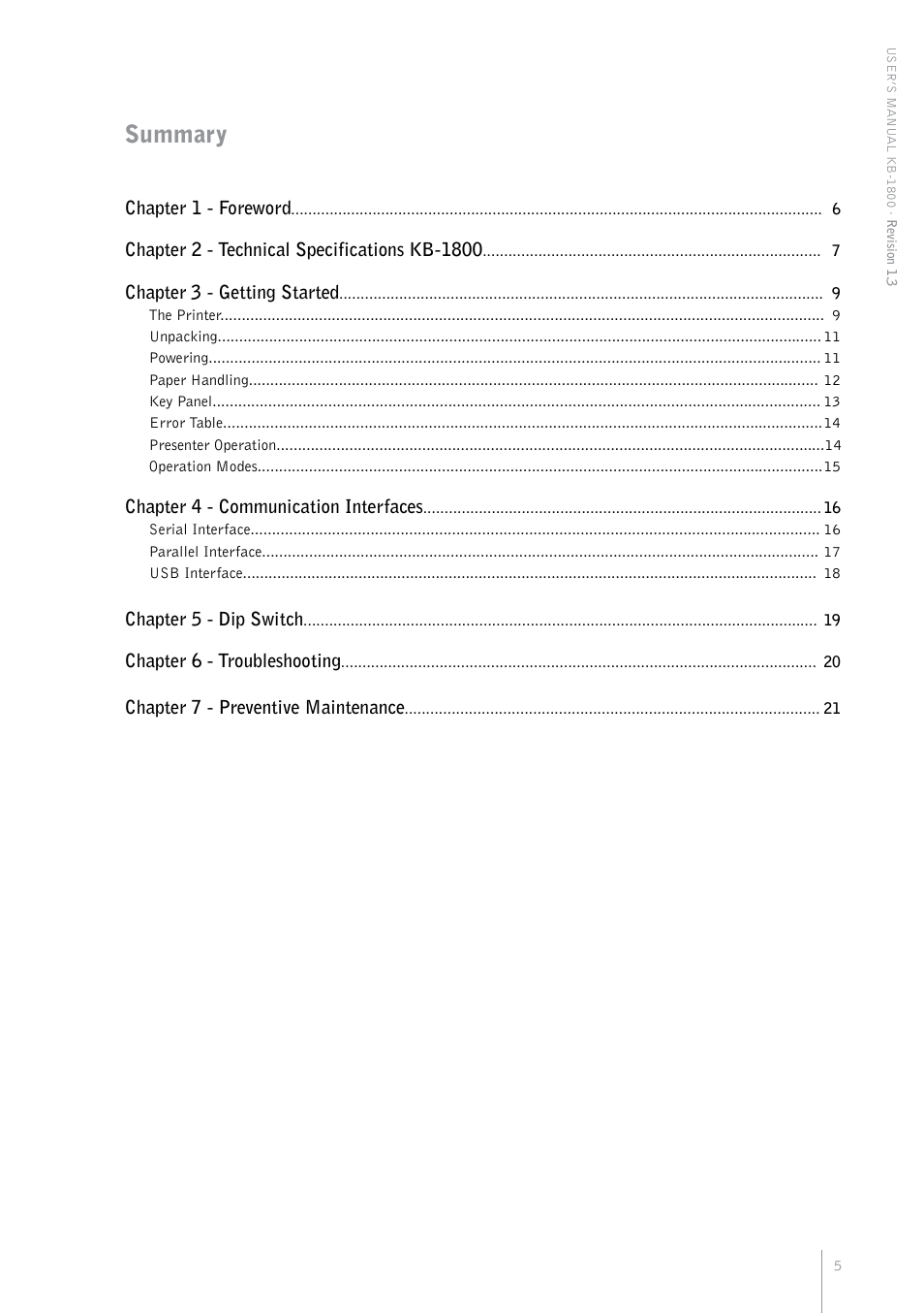 Summary, Chapter 1 - foreword, Chapter 3 - getting started | Chapter 4 - communication interfaces, Chapter 5 - dip switch, Chapter 6 - troubleshooting, Chapter 7 - preventive maintenance | Bematech KB-1800 User Manual | Page 5 / 24