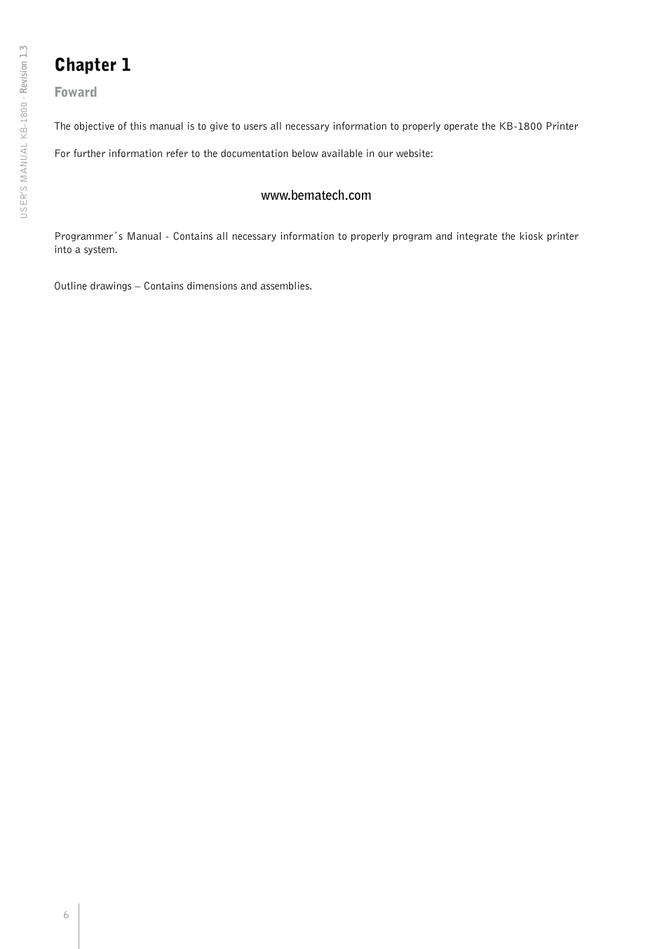 Chapter 1, Foward | Bematech KB-1800 User Manual | Page 6 / 24