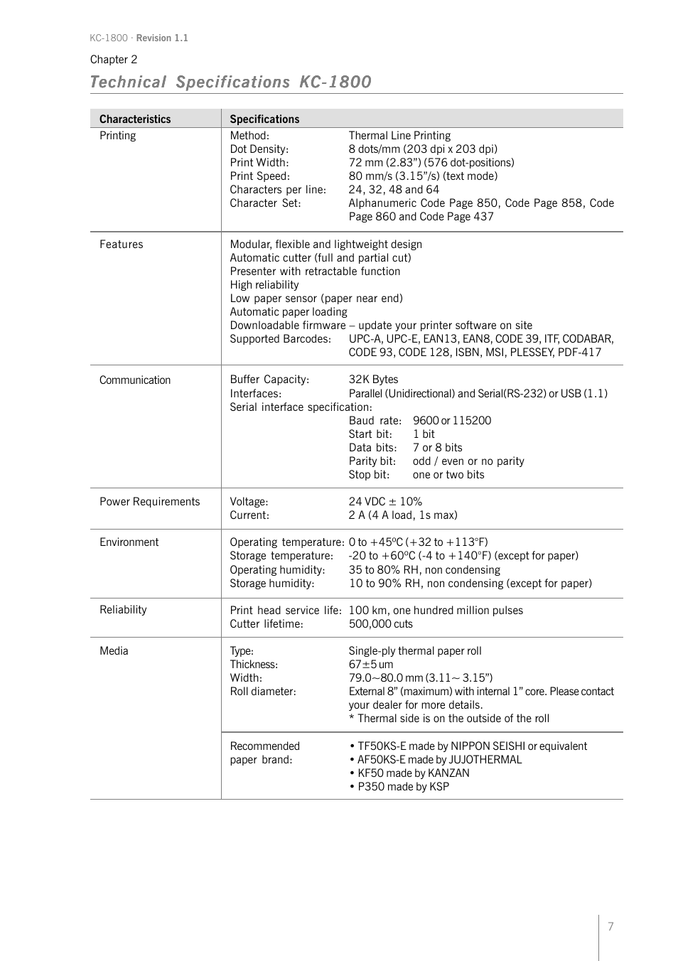 Technical specifications kc-1800 | Bematech KC-1800 User Manual | Page 7 / 24