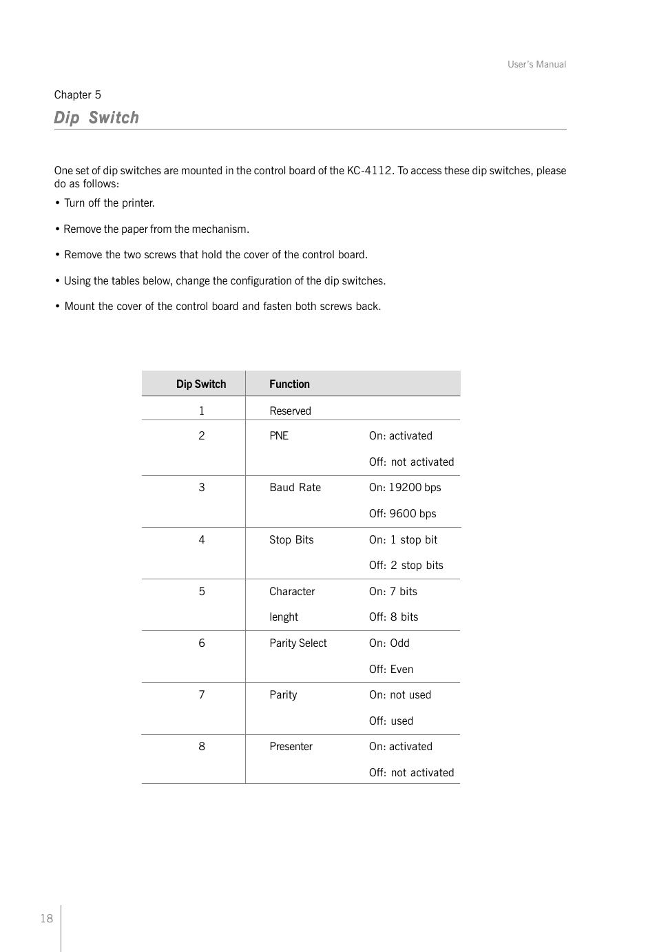 Dip switch | Bematech KC-4112 Rev.1.1 User Manual | Page 18 / 52