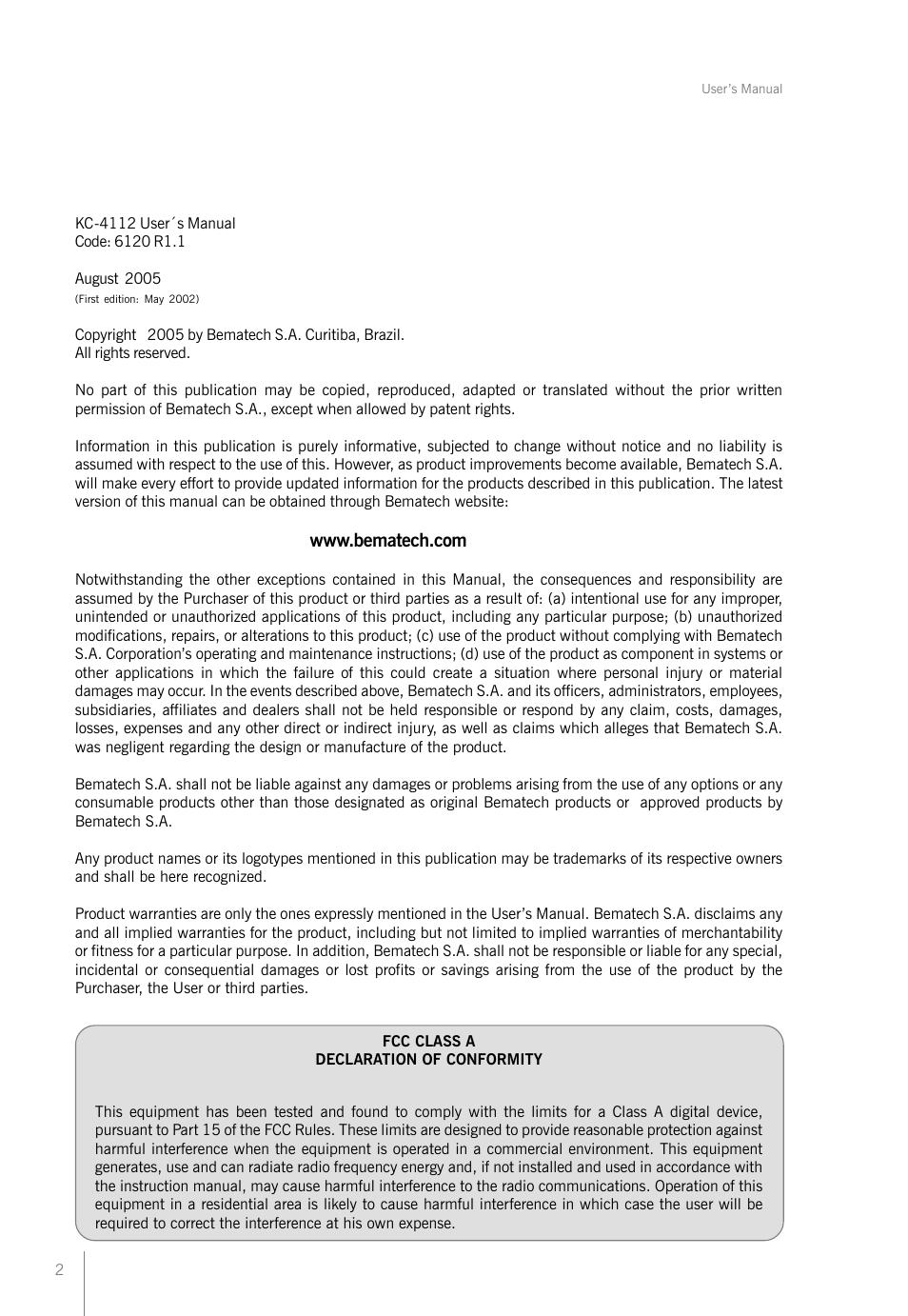 Bematech KC-4112 Rev.1.1 User Manual | Page 2 / 52