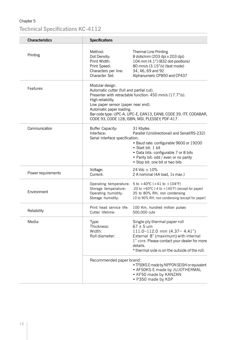 Technical specifications kc-4112 | Bematech KC-4112 Rev.1.0 User Manual | Page 16 / 56
