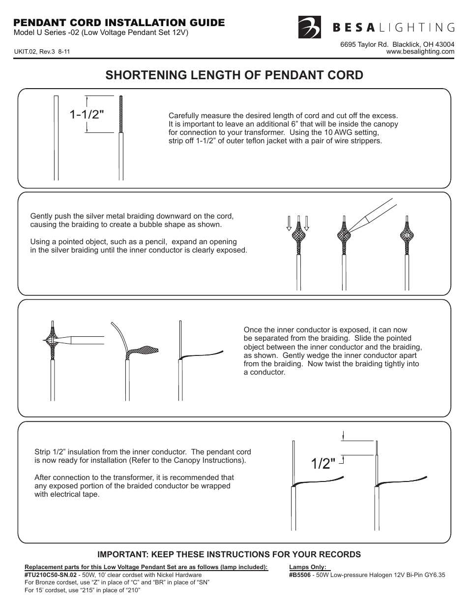 Ukit.02_rev3, Tukit.02, rev3 fron, Shortening length of pendant cord | Pendant cord installation guide | Besa Lighting Brella (Mini Pendants 12V) User Manual | Page 2 / 6