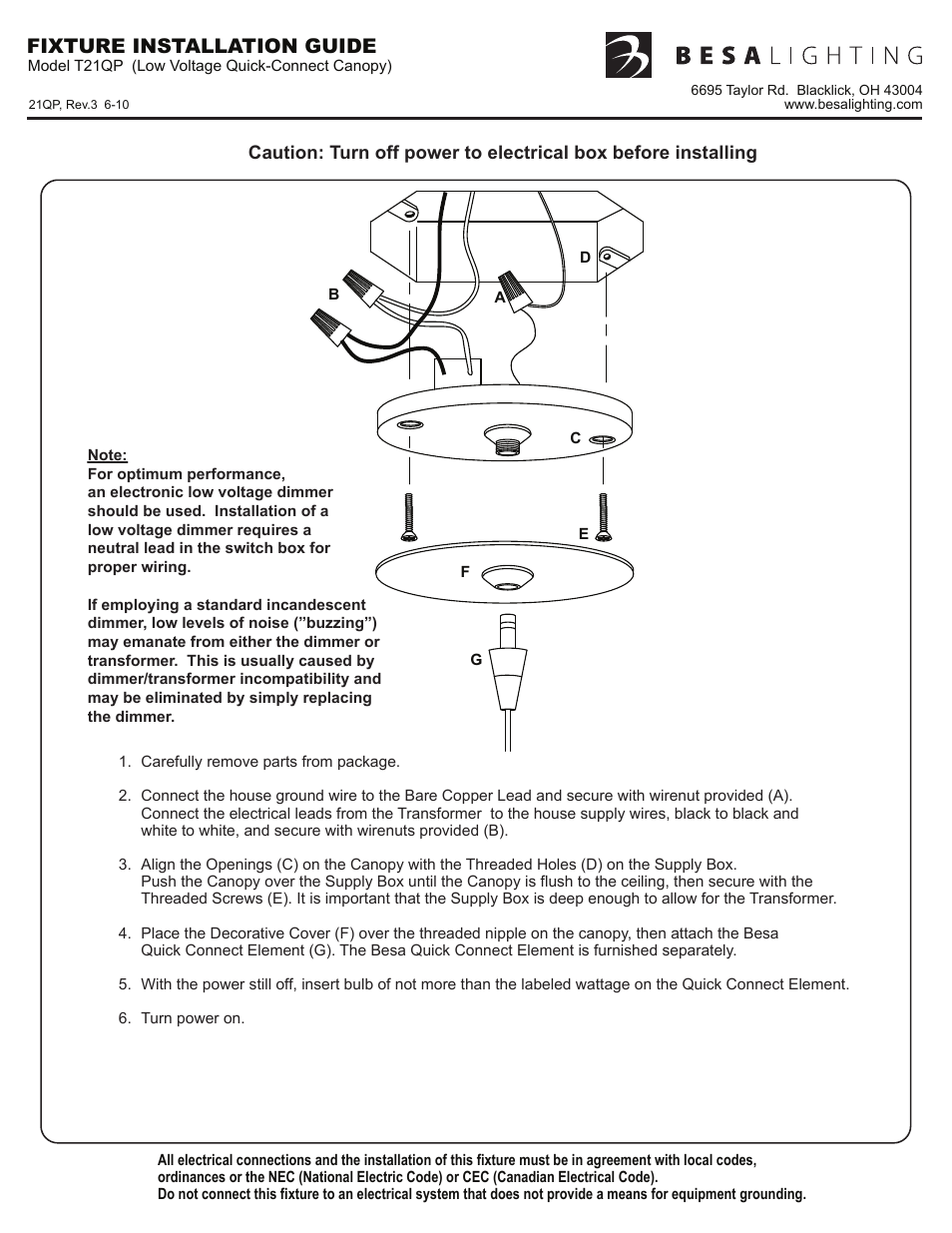 21qp,rev3 (target), Fixture installation guide | Besa Lighting Canto 5 (Mini Pendants 12V) User Manual | Page 4 / 6